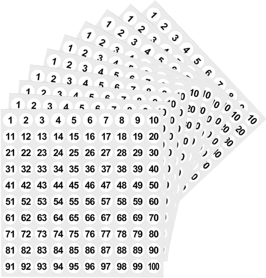 Small Self Adhesive Number Stickers 10 Sheets, 1 to 100 Sticky round Number