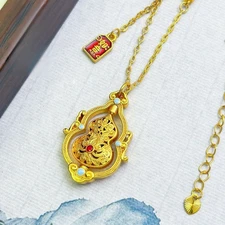 Gold Plated Enamel Gourd Pendant Necklace Rotating New Chinese Style