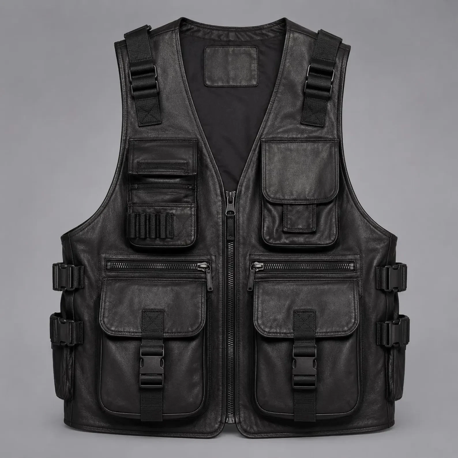 Men’s Black Lambskin Leather Tactical Utility Vest Multi Pocket Streetwear Vest