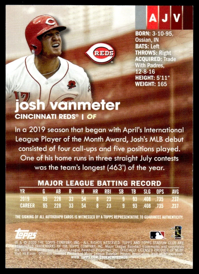 2020 Stadium Club Autographs Josh VanMeter Auto Cincinnati Reds #AJV R71 - Image 2 of 2