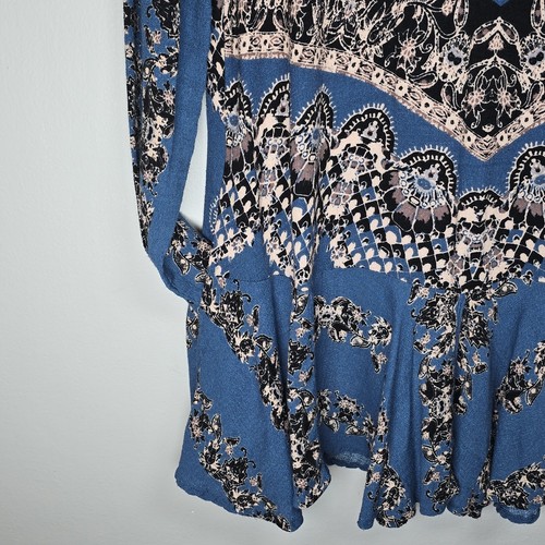 Free People Smooth Talker Blue Boho Floral Ruffle Pocket Tunic Dress Country M - Picture 18 of 19