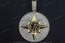14K Yellow Gold Plated 2.75 CT Moissanite Compass Rose Lucky 7 Medallion Pendant