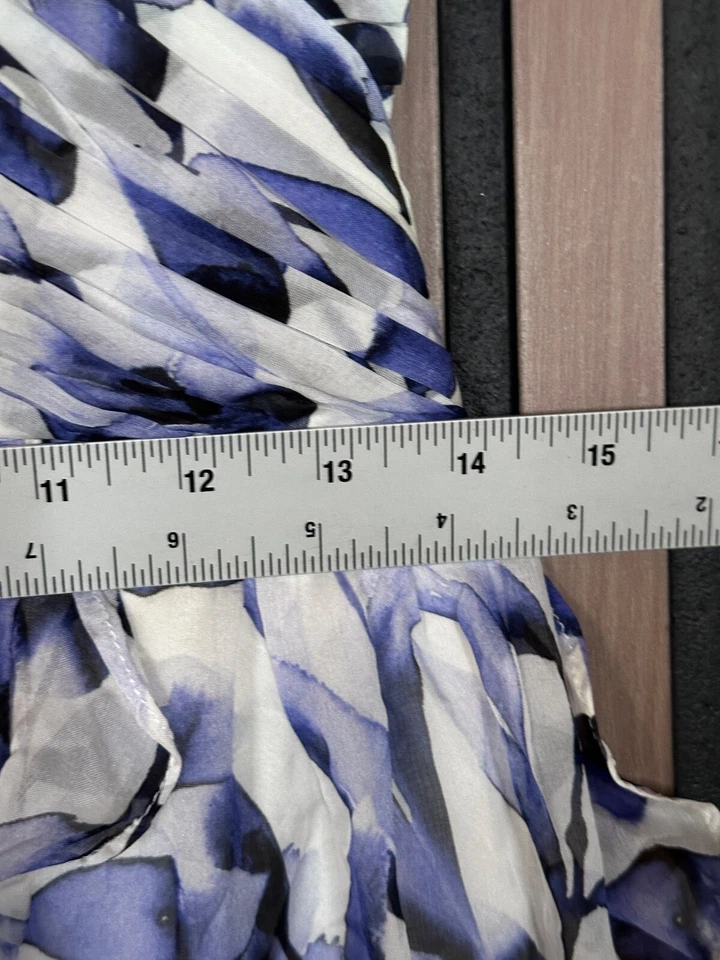 Платье Shoshanna 10 женщин синий белый макси с оборками без рукавов 100% шелк назад молнии - Изображение 4 из 4