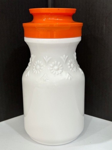 Vintage Milk Glass Tang Jar Canister Embossed Daisies Orange Plastic Lid - Picture 8 of 8