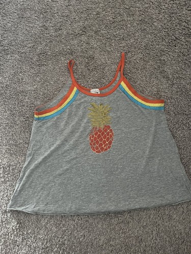 Ella Moss Gray Tank Top With Pineapple Design Boho Style Size 14 Y2K Orange