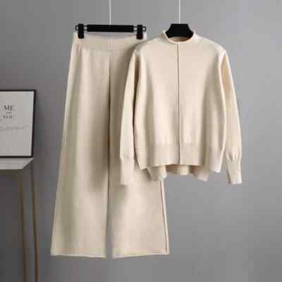 Leg Pant Suit Two Piece Sets Knitwear Sweater Tracksuits Women Sweater