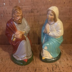 2 Vintage Paper Mache Mary Joseph Germany Nativity Creche Christmas 4.5"