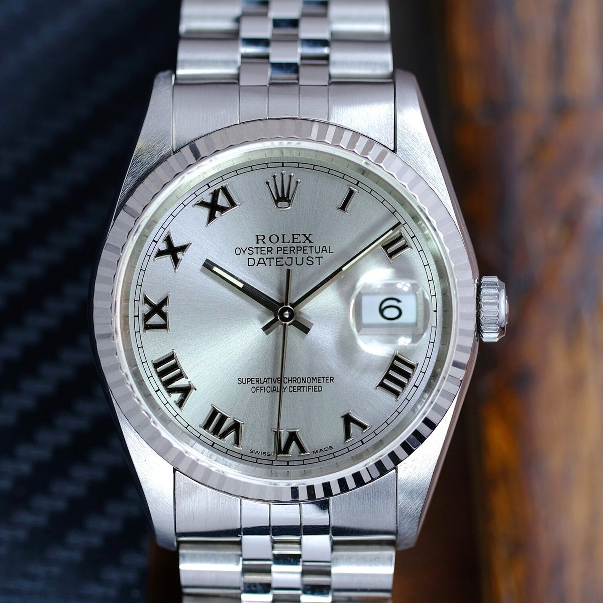 Rolex Datejust Mens Watch 18KW Steel Silver Roman Dial Fluted