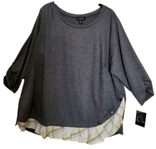 I.N. Studio NWT Charcoal Jersey Asymmetric Hemline Button Detail Top Plus 3X