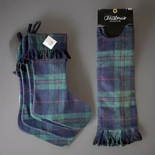 THE CHRISTMAS SHOPPE Tree Skirt & Christmas Stockings Blue Green Tartan Plaid