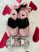 Victoria's Secret PINK Striped Faux Fur Trim Slide Slippers Open Toe Women s 6