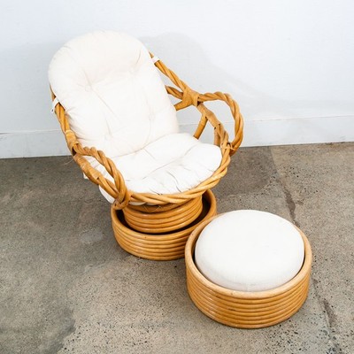Mid Century Modern Lounge Chair Ottoman Bamboo Boho Swivel Rattan