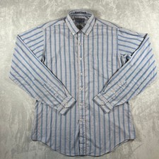 Vintage Levis Mens Large Striped Button Down Shirt Blue Grey Pink Fitted Shirt
