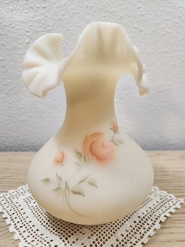 Fenton Satin Pink Roses Custard Ruffled Crimped Vase 7" Signed By D. Robinson