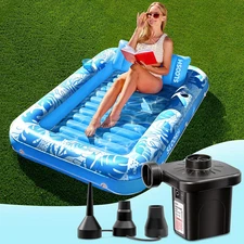 70x46 Blue Inflatable Tanning Pool Float w Pillow Pump & Cup Holders Set