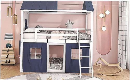 Full Size Loft Bed with Windows, Window Sills and Tent, Blue White | eBay