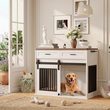 44.5" Dog Crate Furniture, 2 Drawer Storage Barn Door End Table for Medium Dogs