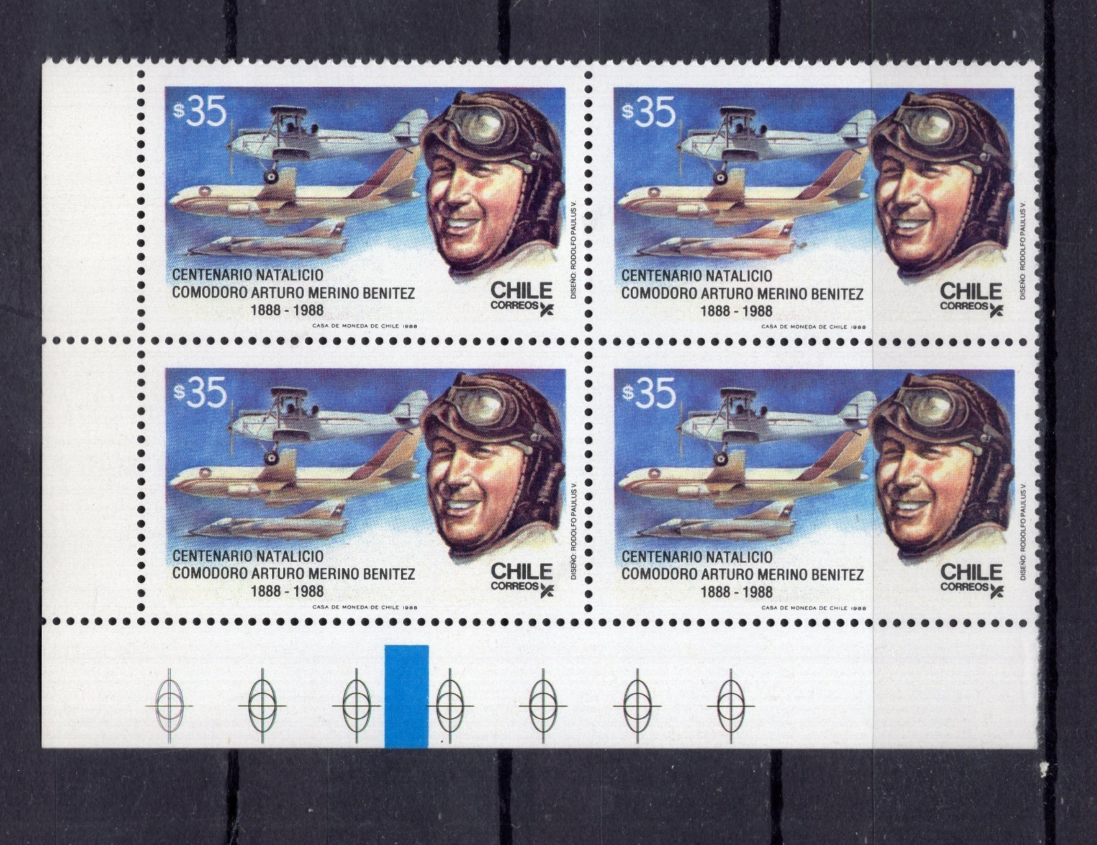 CHILE 1988 Arturo Merino 100 years block of 4 low left corner sheet MNH