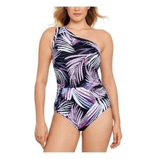 Women's Swim Solutions Black Printed Tummy Control One Shoulder Swimsuit 8
