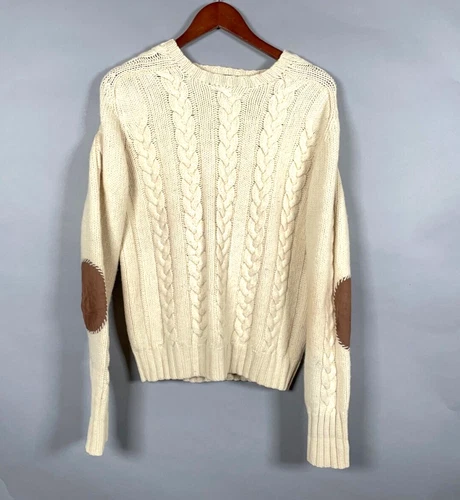 Polo Ralph Lauren Wool Linen Cable Knit Sweater Men's Medium Ivory Suede Patch