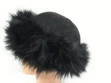 Women Black Russian Faux Fox Fur Hat Fluffy Winter Outdoor Suede Cap 7.5 in