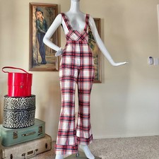Vintage 60s Mod British Invasion RWB Plaid Wide Leg Cuffed Suspender Pants S