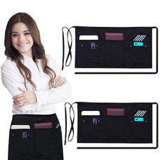 Server Aprons with 5 Pockets 2 Pack Black Waist Bib 24x12 Inch Commercial