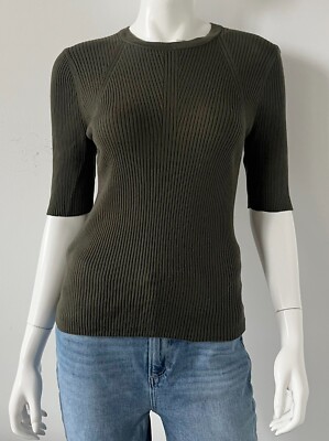 Closed Short Sleeve Ribbed Top Green Cotton Size Small