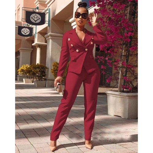 2 Pieces Women's Suits Double Breasted Blazer Pants Set Business Casual Outfits - Picture 5 of 23