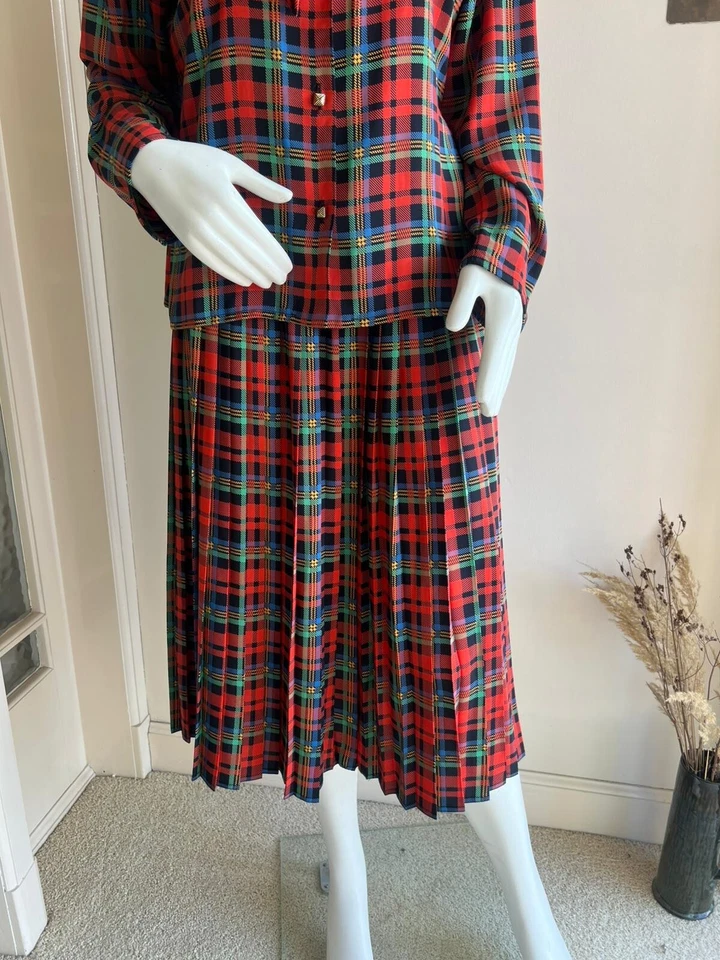 Peter Barron London Size 16 Vintage 80s Two Piece Skirt Blouse Tartan Check Red - Image 3 of 4
