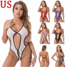 Women See Through Mesh Bodysuit Halter Crotchles Lingerie Nightwear Sleepwear