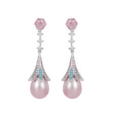 Silver Plated Pink CZ Blue Turquoise Long Flower Leaf Drop Pearl Dangle Earrings