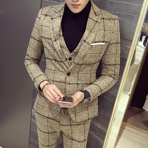 Men Beige Plaid Suit Tweed Groom Tuxedo Formal Wedding Prom Party Dinner Suit - Picture 2 of 11