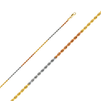 14K Tri Color Massiv Gold 2mm Seil Diamantschliff Kette Halskette mit Karabinerverschluss