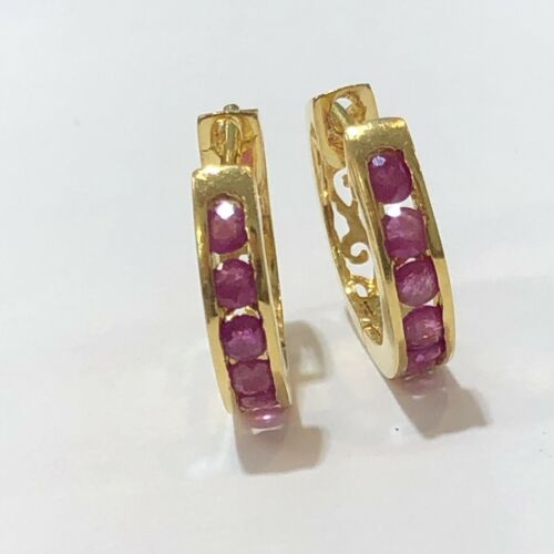Natural Ruby Hoop Earrings Women Gift 925 Sterling Silver Yellow Gold Plated