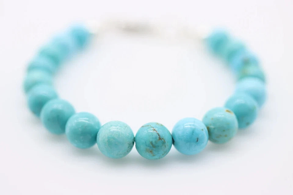8mm Brilliant Seafoam Blue Kingman Arizona Turquoise Round Beaded Bracelet - Image 3 of 4