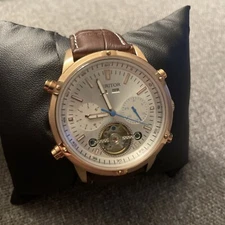 Heritor Automatic Wilhelm Semi-Skeleton Leather Watch w/Day/Date-Brown/Rose Gold