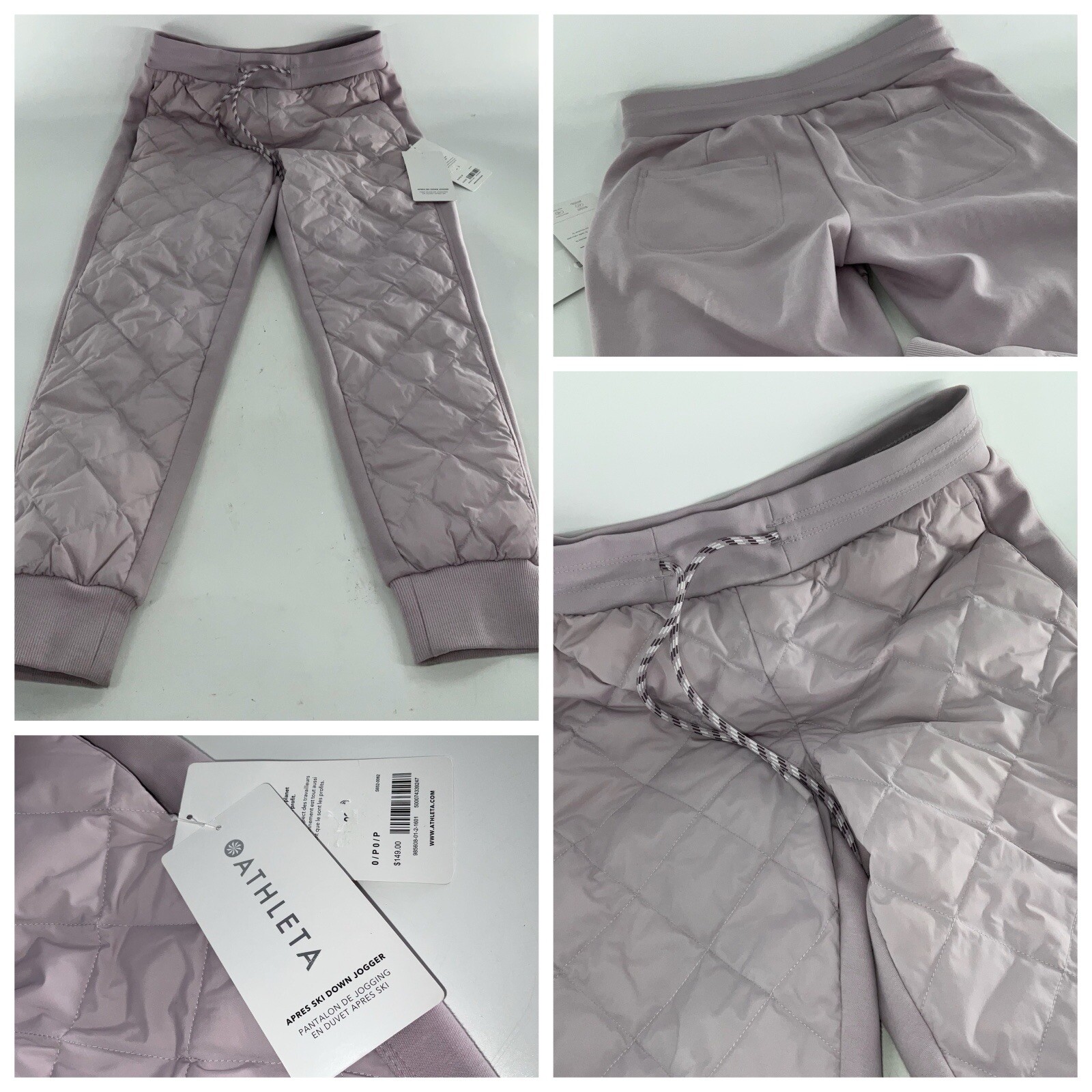 ATHLETA Apres Ski Down Jogger Pants Sz 0/P Shasta Purple Quilted NWT