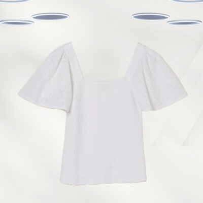 Ex Fat Face Damen Top - Broderie Sleeve Sommer weiß