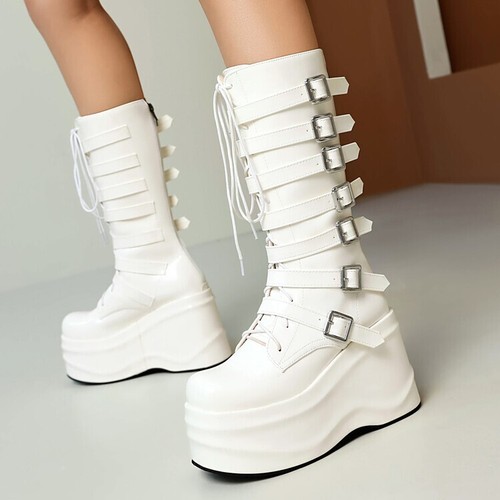 Gothic Womens Platform Punk Buckle Strap Western High Wedge Heels Mid Calf Boots - Picture 3 of 18