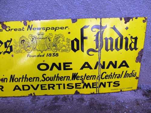 Vintage Times Of India Porcelain Enamel Sign Asia'S Great Newspaper Advertise 14 - Picture 3 of 12