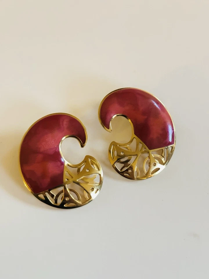 Подписанные серьги Berebi винтажные пирсинговые редкие коренастые розовые эмаль золото 1980-е - Изображение 2 из 4