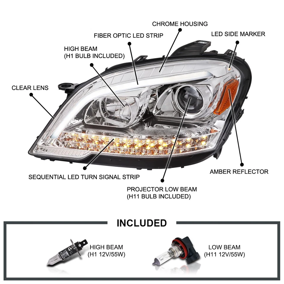 Fits 2009-2011 Mercedes Benz W164 ML320 LED Sequential Strip Projector Headlight - Изображение 3 из 4