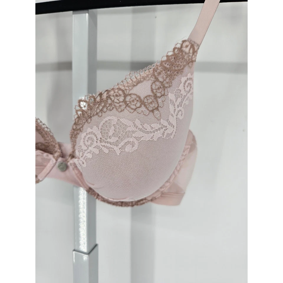Sutiã feminino DKNY tamanho 34D acolchoado push up sexy renda rosa claro - Imagem 2 de 4