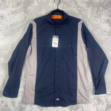 Dickies Mens Long Sleeve Button Up Work Shirt Navy Gray Panel Pockets Sz M NWT