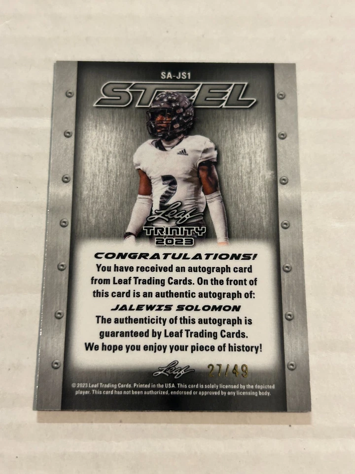 2023 LEAF TRINITY JALEWIS SOLOMON 27/49 STEEL PURPLE ROOKIE AUTO SP CS1 - Image 2 of 2