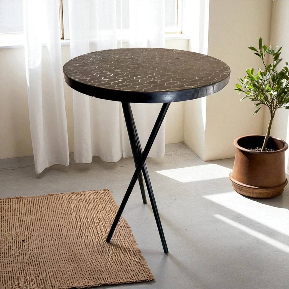 Round Black Moroccan Mosaic Table, Handmade Moroccan Mosaic Table - Image 2 of 4