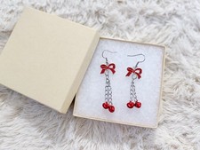 Red and Silver Dangle Earrings with Bows and Jingle Bells Handmade Jewelry