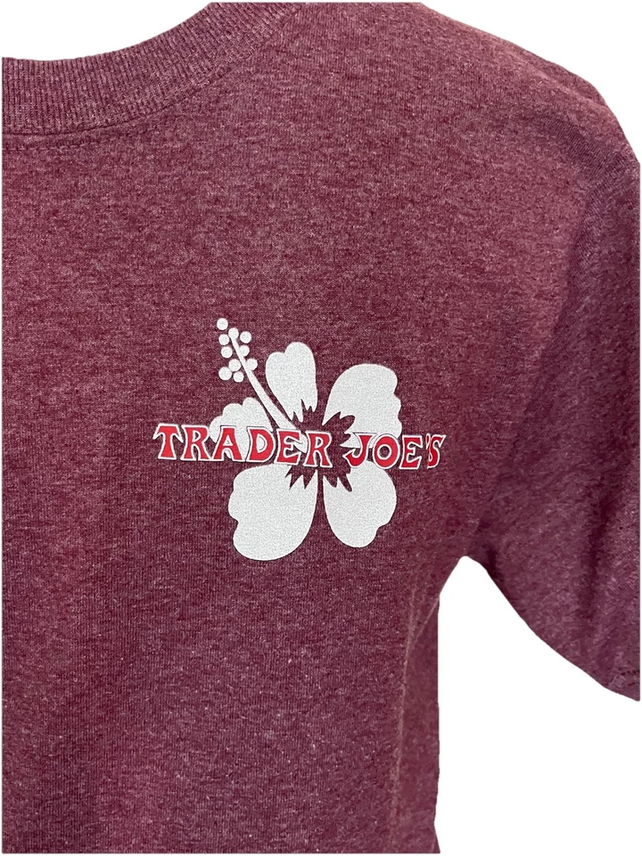 TRADER JOE’S Tshirt Small Plum Purple W/ White Hibiscus Flower Soft Cotton Blend - Image 4 of 4