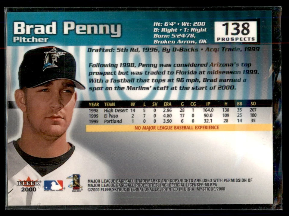 2000 Fleer Mystique Brad Penny #138 Florida Marlins 0592/2000 - Image 2 of 2